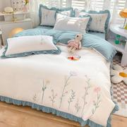 韩式花边床上用品四件套水洗棉，床单被套田园公主，风刺绣被罩床笠罩