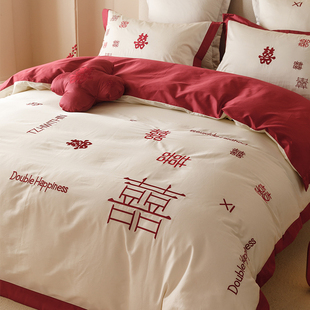 新中式婚嫁床上四件套全棉，60支喜字刺绣红色结婚庆被套床单床笠