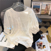 刺绣纯棉雪纺蕾丝衫女夏季韩版设计感小众泡泡袖气质小衫上衣