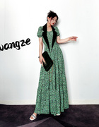 设计款夏季绿色碎花，长款连衣裙优雅法式女士长裙黑色西服领