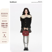 ILLELLA 慵懒风复古毛衣女冬宽松显瘦设计感长袖海军领针织开衫