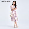 拉夏贝尔连衣裙2024夏季紫色气质百搭收腰五分袖显瘦中长款裙