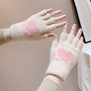 2023半指手套女冬季触屏加绒学生大童厚保暖防寒骑行可爱手套