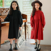 女童秋季红色连衣裙童装，纯棉长袖淑女黑色，裙子中大儿童长裙