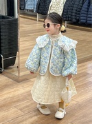韩版女童蓝色碎花花边大翻领，加绒棉服泡泡袖棉外套，时髦保暖外套冬