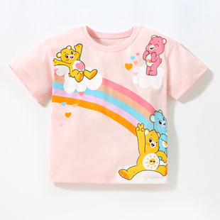 2023夏装女童纯棉圆领短袖，t恤宝宝，粉红色小熊上衣儿童半袖t恤