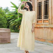 乱在江南夏季苎麻纯色，气质黄色连衣裙，简约文艺高腰显瘦长裙