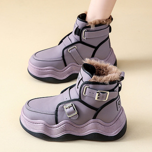 棉鞋女冬加绒2023冬天加厚保暖东北雪地靴厚底真皮紫色马丁靴