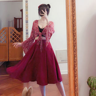 法式复古气质酒红色大裙摆高腰松紧腰显瘦飘逸仙女长款雪纺半身裙