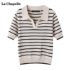 拉夏贝尔/La Chapelle夏薄款条纹短袖针织衫女宽松POLO领打底上衣