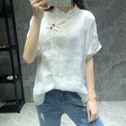 中式苎麻旗袍上衣女夏季中国风立领盘扣，复古刺绣宽松百搭短袖衬衫