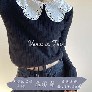 法式复古 可爱少女娃娃领短款显瘦抽绳系带长袖针织衫打底衫