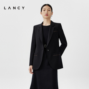 LANCY/朗姿秋季黑色中长款修身羊毛西装女高级感职业通勤外套