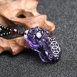 天然紫水晶貔貅吊坠项链，貔貅生日礼物潮流男女，款毛衣链生日礼物