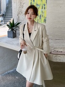 米白色中长款西装外套女2023春季韩系高级感气质收腰显瘦西服