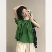 绿色棉麻短袖衬衫女夏款很仙，的超仙高级感独特别致绝美泡泡袖上衣