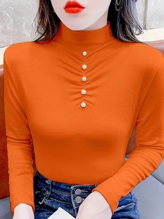 半高领橙色打底衫女秋冬款，钉珠褶皱设计修身百搭短款加绒长袖t恤
