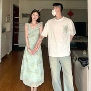 小众设计感情侣装夏季2024韩版短袖，t恤女连衣裙法式一裙一衣ins潮