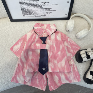 童短袖衬衫套装2024夏季女韩版领带粉色雪纺衬衣短裤三件套潮