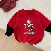 男童韩版红色奥特曼捷德长袖假两件T恤春秋卡通超人打底上衣