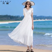 长款雪纺夏天显瘦连衣裙女2023超仙大摆长款度假白色沙滩长裙