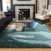 简约现代客厅茶几沙发地毯，卧室床边蓝色样板间，地中海地毯满铺