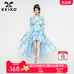 KEIKO 高端提花前短后长连衣裙2023夏季法式高级感碎花公主裙子