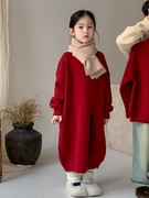 童毛衣2023冬男童女童韩版纯色毛线衣儿童休闲红色针织年服兄妹装