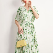 桑蚕丝长款连衣裙，夏季时尚碎花大码宽松裙子气质女士绿色真丝长裙