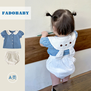 夏季婴幼儿套装女兔子娃娃，领格子上衣+大pp面包裤宝宝衣服两件套