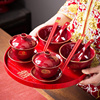 结婚改口敬茶杯新婚碗筷套装，陶瓷红色喜碗杯一对陪嫁婚庆用品