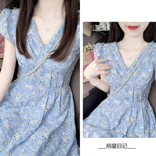 明星日记桔梗法式蓝色连衣裙女2024夏季小众收腰显瘦中长裙