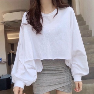 韩国东大门女装春季慵懒风纯棉短款蝙蝠袖休闲宽松长袖T恤潮