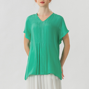提花冠乐绉桑蚕丝绿色V领蝙蝠短袖后背活页设计宽松型真丝T恤