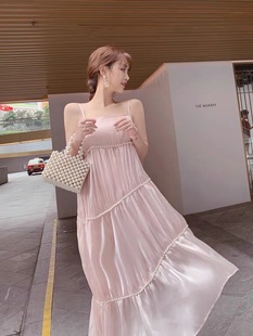 法式吊带连衣裙女质感高级缎面珍珠粉色气质名媛礼服宽松度假长裙