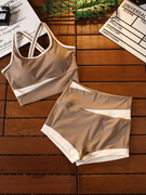 三分运动短裤套装，女夏季紧身拼色跑步健身房速干裸感瑜伽服套装