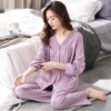 睡衣女春秋季纯棉长袖长裤V领开衫宽松大码秋季可外穿家居服套装