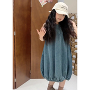 韩国童装女童夏季连衣裙2024洋气牛仔裙儿童复古娃娃领灯笼裙