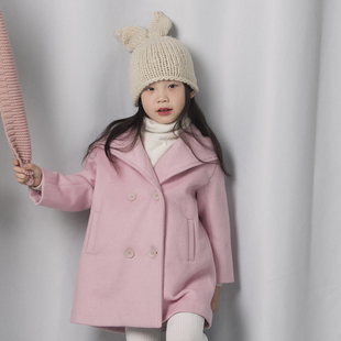 童装女童春秋外套粉红色羊毛大衣，连帽毛呢巴拉儿童宝宝洋气秋冬装