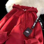 600g重磅大红色卫衣，男加绒加厚春季刺绣美式oversize过年连帽外套
