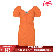 GANNI夏季橘色棉质抽褶设计女士U形领泡泡袖修身连衣裙短裙