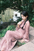新中式设计师原创气质优雅紫色印花晕染不规则蝙蝠长袖连衣裙