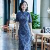 蓝色中国风旗袍，夏装女装日常改良复古优雅气质长款连衣裙