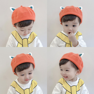 韩国同款儿童针织贝雷帽子，二次元可爱毛绒猫，耳朵宝宝画家帽毛线帽