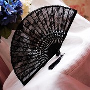 女士搭配旗袍舞蹈小折扇黑色蕾丝，古风古典复古汉服折叠中国风扇子