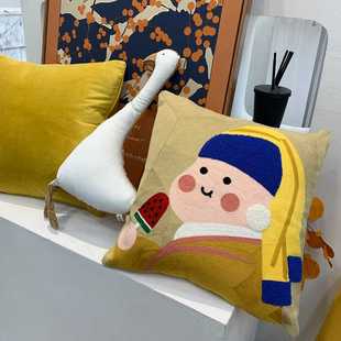美式卡通刺绣抱枕创意客厅沙发靠垫现代轻奢风布艺床头护腰靠枕套