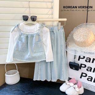 韩版女童甜美牛仔套装24春季女宝宝吊带上衣长袖T恤阔腿裤三件套