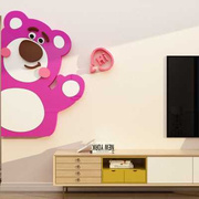 儿童房间布置卧室装饰品床头，草莓熊电视(熊电视，)背景墙面自粘电梯门贴壁纸