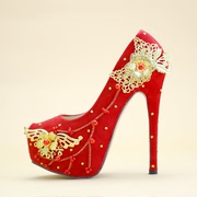 经典中式婚鞋红色高跟新娘鞋，秀禾服敬酒服旗袍鞋结婚原创手工鞋子