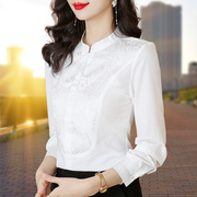 中国风白色衬衫女长袖立领民族春秋洋气上衣打底衬衣盘扣小衫
